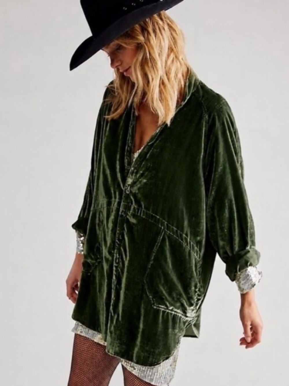 Natural Life Laid Back Velvet Button Down Tunic Shirt Shacket Green, Size XXL